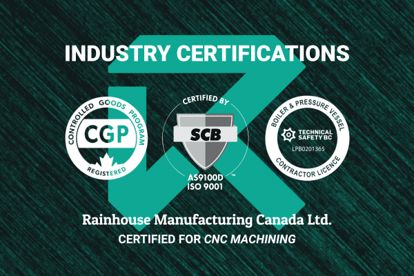 Certifications supporting CNC machining at Rainhouse, including AS9100D, ISO 9001, Controlled Goods registration, and boiler and pressure vessel licensing