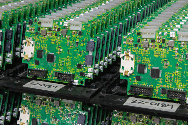 Staged printed circuit boards prepared for OEM manufacturing and production assembly at Rainhouse.