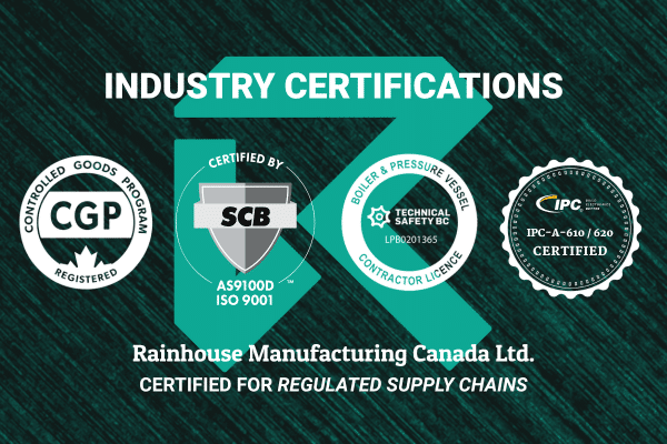 Industry certifications supporting compliant procurement at Rainhouse, including AS9100D, ISO 9001, Controlled Goods, and DEF Stan approval