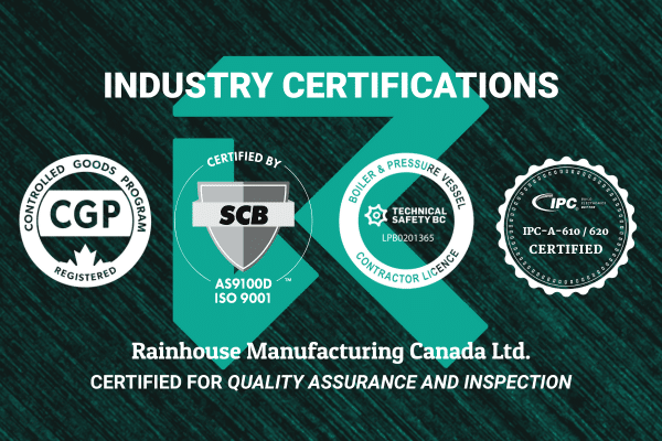Quality assurance and inspection certifications at Rainhouse, including AS9100D, ISO 9001, Controlled Goods, and IPC standards