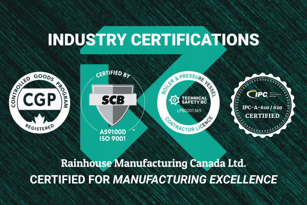 Industry certifications held by Rainhouse Manufacturing, demonstrating compliance with recognized quality, safety, and manufacturing standards across CNC machining and production.