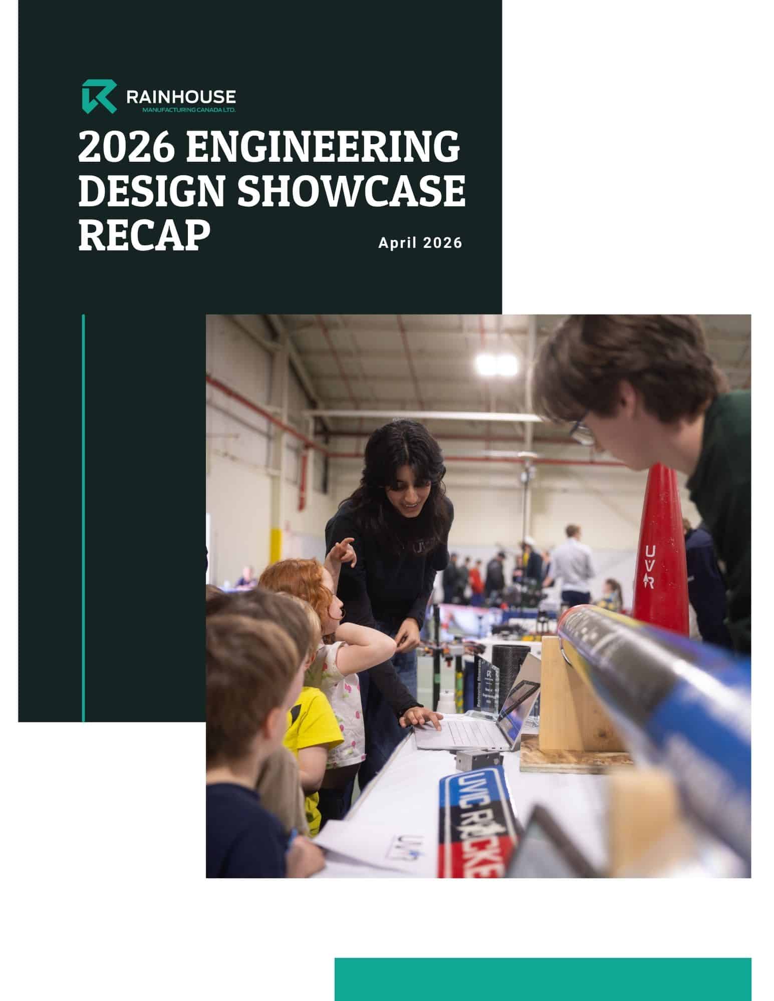 Newsletter September 2026 - Rainhouse 2026 Engineering Design Showcase recap cover page featuring students and attendees gathered around a hands-on engineering display, with a presenter engaging a group of children at a booth.